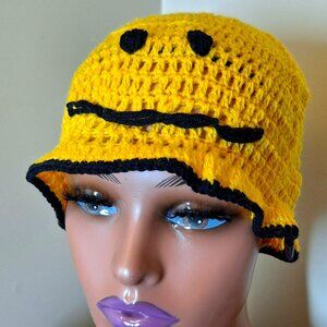 Handmade Crocheted  Yellow Smylie Beanie Bonnet Hat One Size